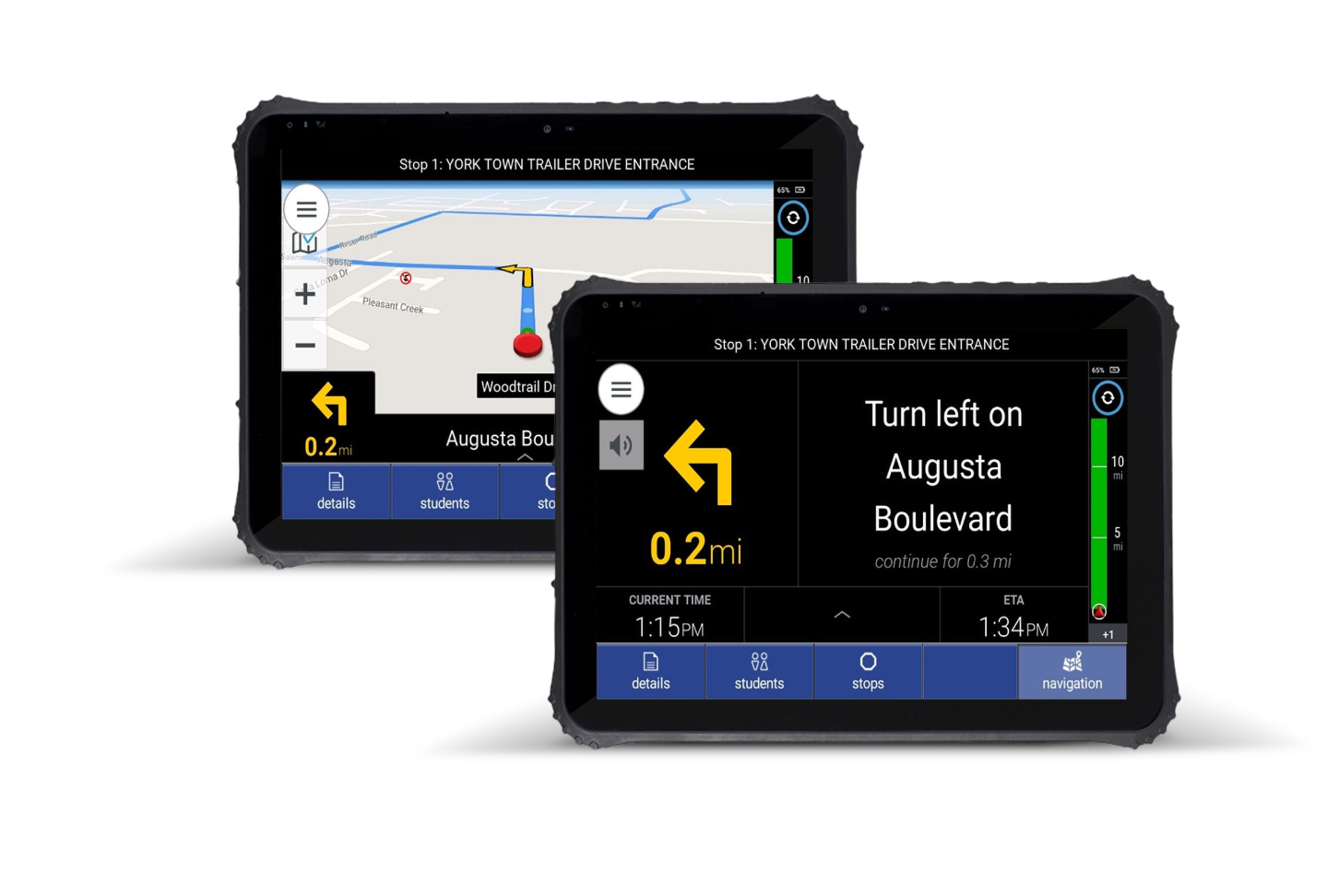 Two GPS devices; one showing direction, another showing a map