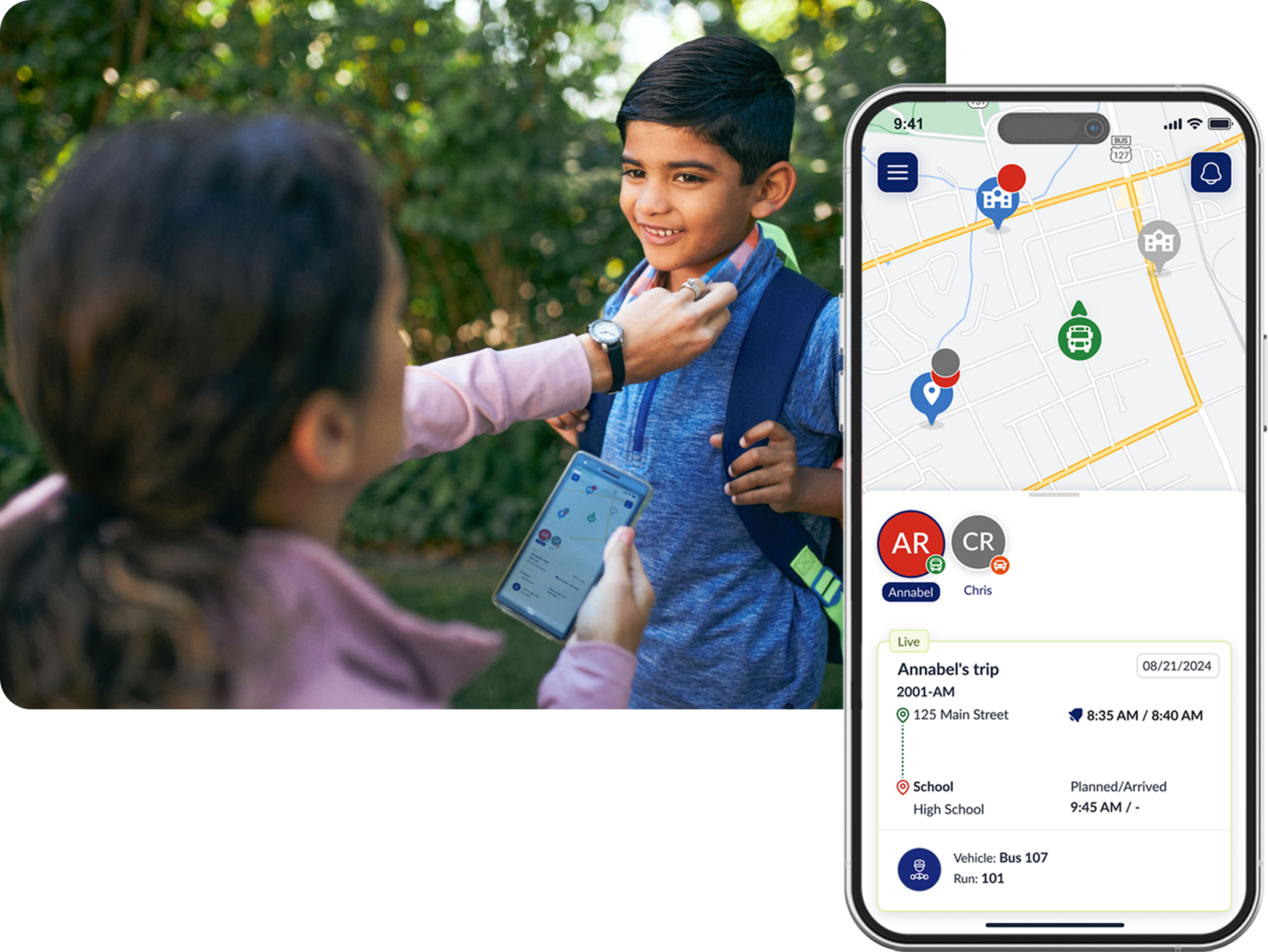A parent checking their child's bus arrival in the First View app